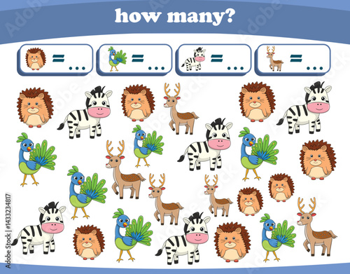 Counting game of wild animals for preschool kids. Printable. Vector Illustration