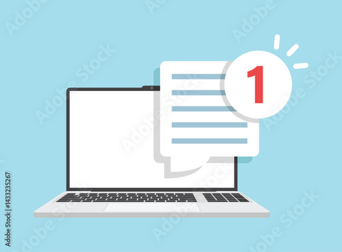 Laptop notification icon in flat style. Computer vector illustration on isolated background. Reminder message sign business concept.