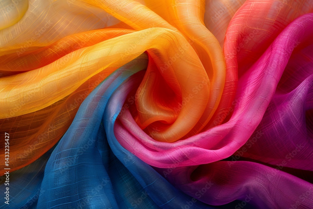 Colorful silk fabric flowing in the wind, creating abstract shapes