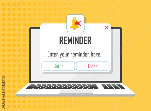 Laptop notification icon in flat style. Computer vector illustration on isolated background. Reminder message sign business concept.