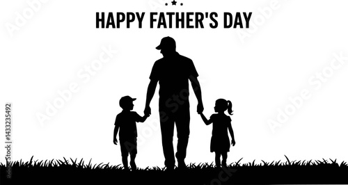 Happy fathers day silhouette of father holding hands with children walking