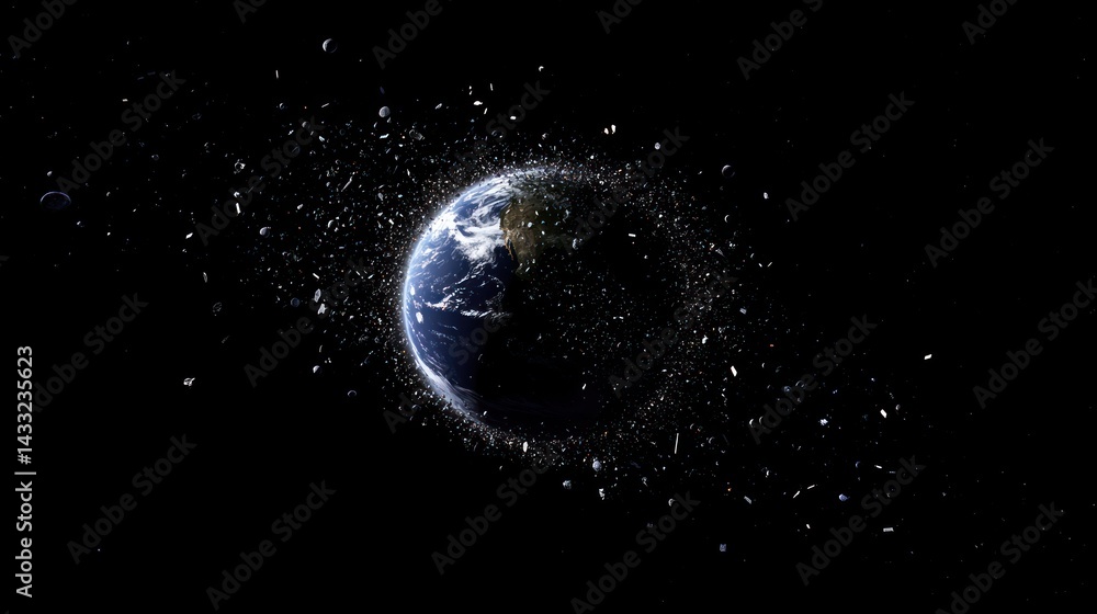 Naklejka premium Earth disintegrates amid debris, a dramatic depiction representing environmental destruction and potential planetary risk.