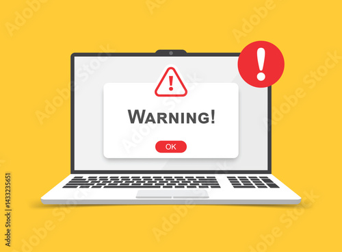 Laptop notification icon in flat style. Computer vector illustration on isolated background. Reminder message sign business concept.
