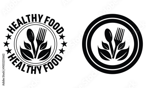 Healthy Food Plate icon. Healthy food fork and spoon logo design. Food dinning kitchen menu restaurant icon. Sticker or ecological product stamp. Vector illustration.