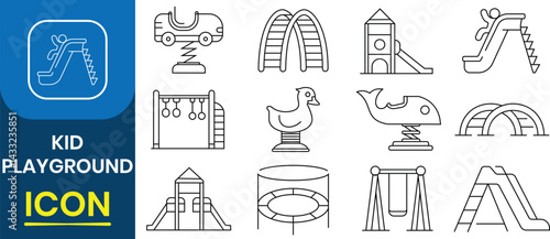 Playground, icon set. Kid playground icons set. kids playing trampoline,  swing, slide, climbing net, sand box, dome climber. Vector illustration.