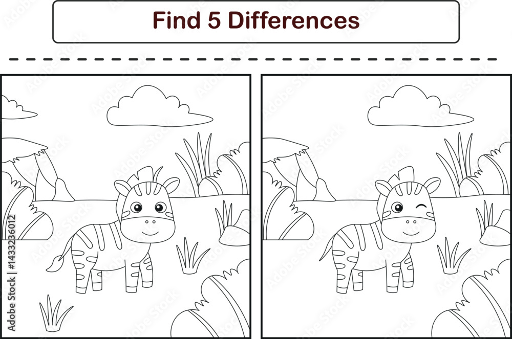Fototapeta premium Funny cartoon zebra. Find 5 differences. Kids Education games. Cartoon vector illustration