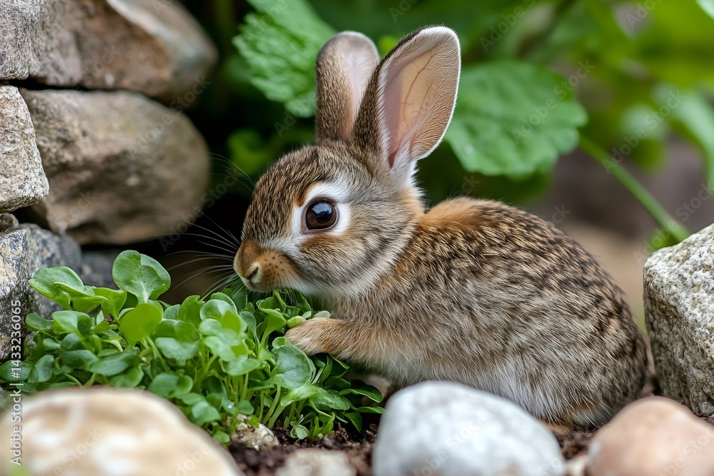 Cute baby rabbit eating plants in a rock garden