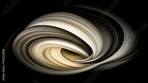 Abstract Artwork: A swirling pattern of black, white, and gold lines against a black background.
