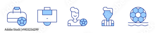 football player, sport bag, football referee, soccer, area. Football Icon vector illustration. Line Duotone style. Editable stroke