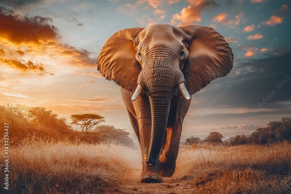 Majestic elephant walking in the african savannah at sunset