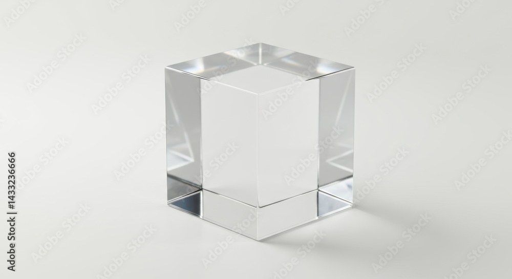 Simple 3D render of the cube, but made of clear, transparent glass. Shows realistic refraction and reflection of the white background through the cube Simple 3D render of the cube, but made of clear, transparent glass. Shows realistic refraction and reflection of the white background through the cube