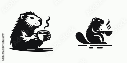 Beaver drinking coffee. Coffee lover graphic design. Rodent enjoying java a woodland creatures caffeinated morning ritual.