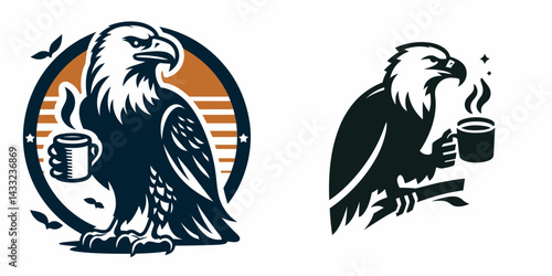 Bald Eagle drinking coffee. Coffee lover graphic design. American raptor enjoys morning brew feathered avian consumes java.