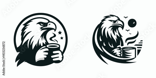Bald Eagle drinking coffee. Coffee lover graphic design. American raptor enjoys hot brew a patriotic java moment.