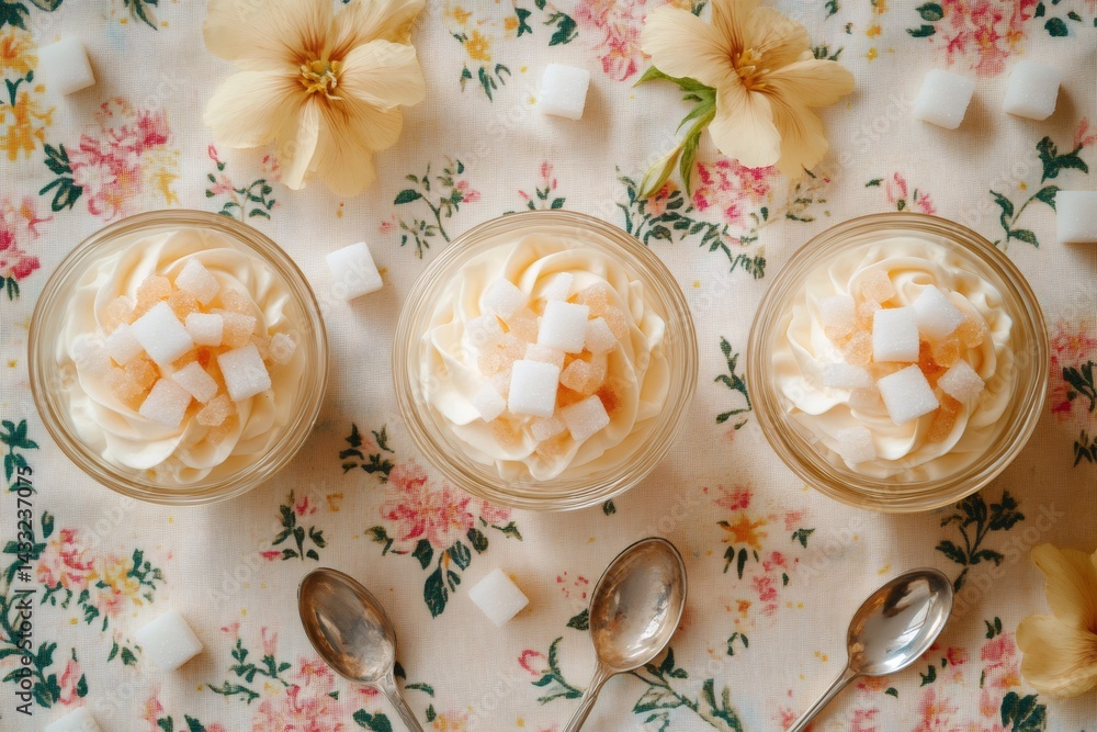 Delicious creamy dessert decorated with sugar cubes and candied fruit on floral tablecloth