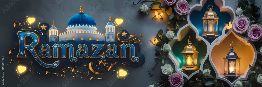 Ramazan Dark Fantasy 3D illustration Scene Featuring Glowing White Mosque with Blue Dome Golden Details Surrounded by Magical Lanterns Butterflies Roses Elegant Ramazan Text Luxurious Fantasy Setting Ramazan Dark Fantasy 3D illustration Scene Featuring Glowing White Mosque with Blue Dome Golden Details Surrounded by Magical Lanterns Butterflies Roses Elegant Ramazan Text Luxurious Fantasy Setting