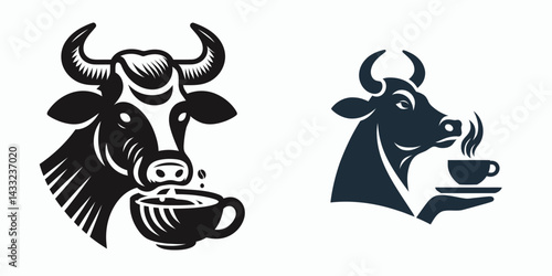Cow drinking coffee. Coffee lover graphic design. Bovine enjoying brew a farm mammal beverage moment rural java break.