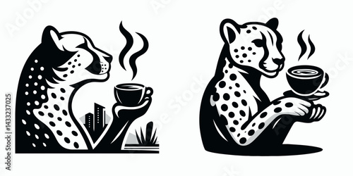 Cheetah drinking coffee. Coffee lover graphic design. Feline devouring java exotic animal enjoying a warm beverage.