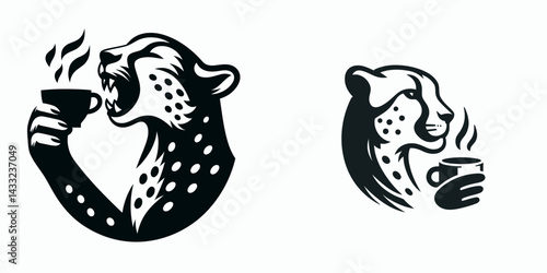 Cheetah drinking coffee. Coffee lover graphic design. Feline devouring java big cat enjoys early morning caffeinated beverage.