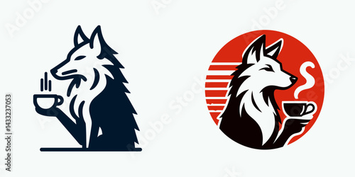 Coyote drinking coffee. Coffee lover graphic design. Wild canine savoring java morning beverage moment in arid habitat theme.