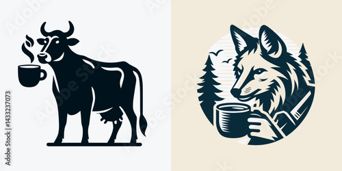 Cow drinking coffee. Coffee lover graphic design. Bovine enjoying brew farm mammal sipping java morning beverage ritual.