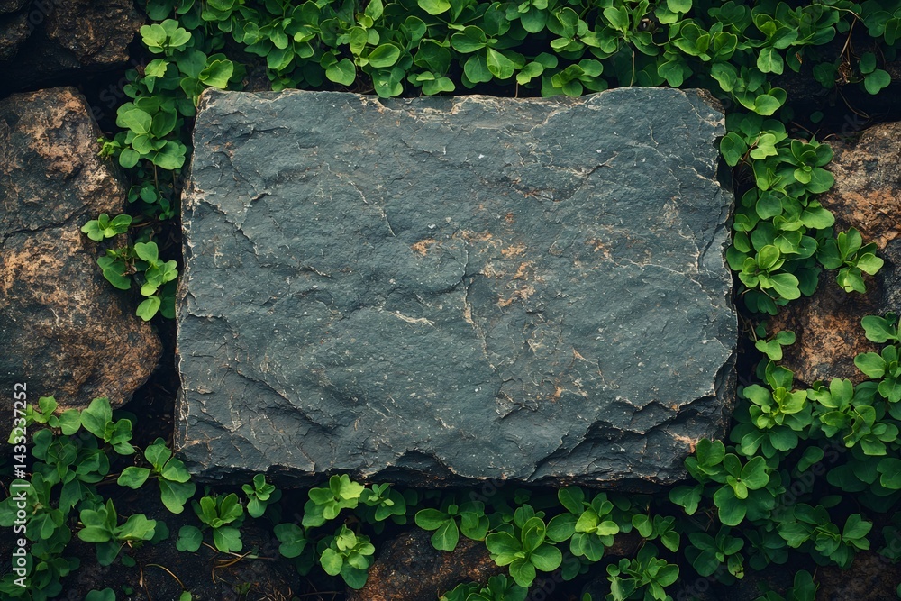 Green plants growing around grey stone slab in garden