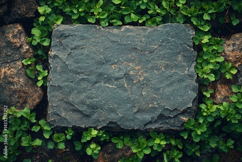 Green plants growing around grey stone slab in garden