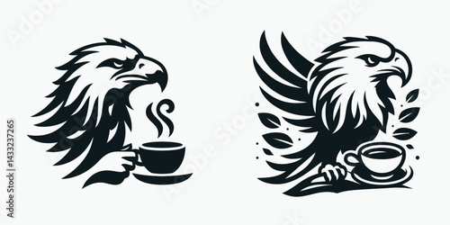 Eagle drinking coffee. Coffee lover graphic design. Raptor enjoys morning brew avian creature consuming java beverage.