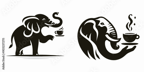 Elephant drinking coffee. Coffee lover graphic design. Pachyderm enjoys java a bizarre beverage moment for jumbo creature.
