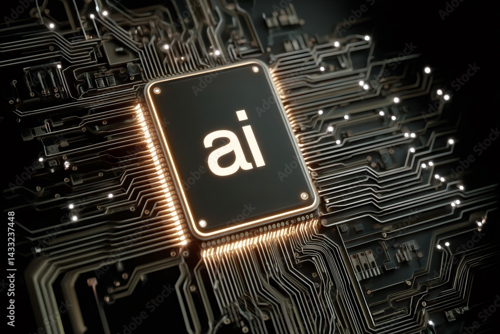 Artificial intelligence chip glowing on motherboard, futuristic technology