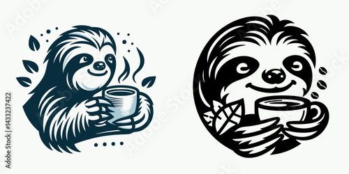 Sloth drinking coffee. Coffee lover graphic design. Leisurely sipping joe a cute jungle creature enjoying java beverage.