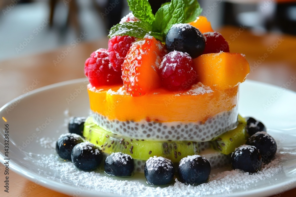 Delicious layered dessert garnished with fresh fruit and icing sugar
