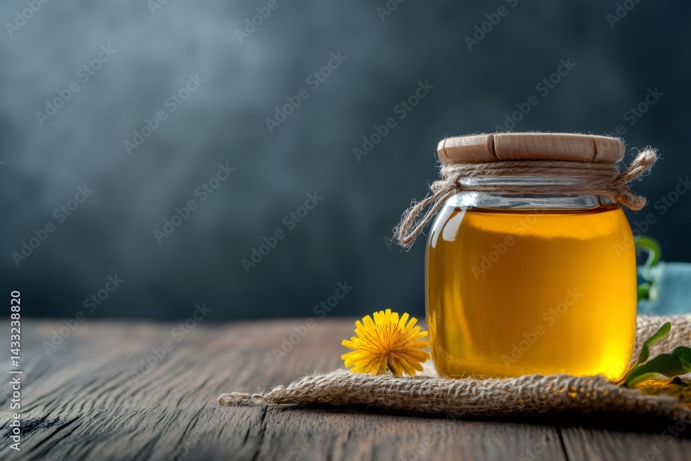 Dandelion honey in glass jar resting on rustic wooden table