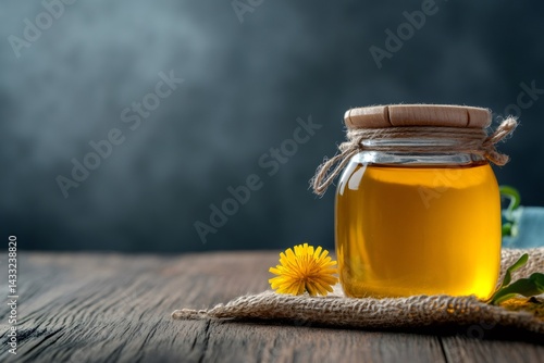Obraz na płótnie Dandelion honey in glass jar resting on rustic wooden table w salonie