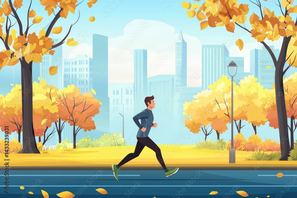 Man jogging in city park during colorful autumn season