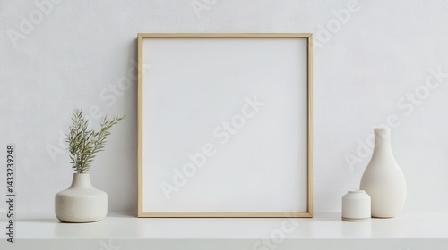 Minimalist display featuring an empty frame and decorative vases on a light surface