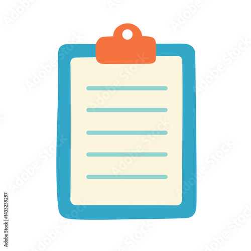 Flat cartoon vector illustration of clipboard with a document. School or office stationery element.