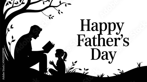 Father and daughter reading book under tree for happy fathers day design