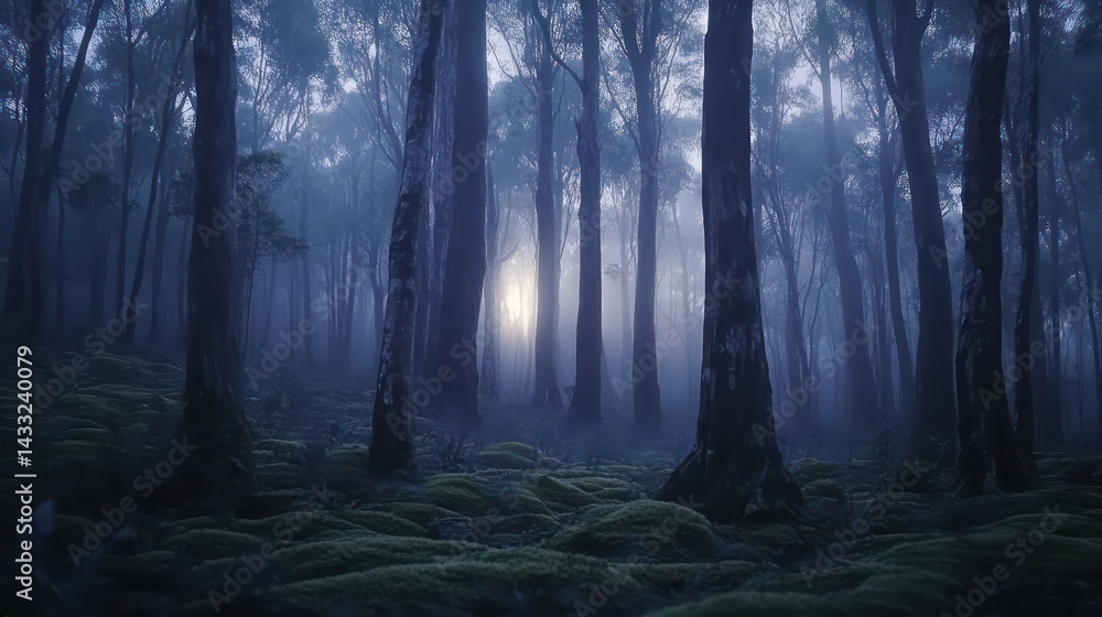 Fototapeta premium Ethereal forest shrouded in mist and shadow