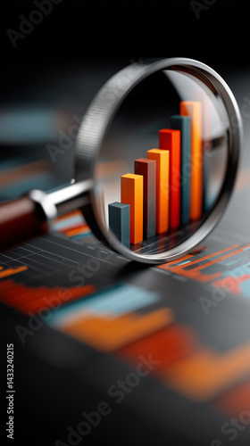 Magnifying glass emphasizes business growth chart showcasing upward trend in financial performance statistics