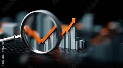 Magnifying glass reveals upward trend in business growth statistics showcasing financial success and market performance