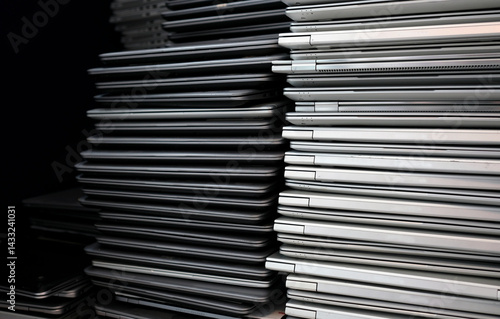 Electronic waste and e-waste - stack of laptops to be discarded