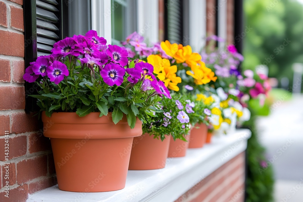 Colorful potted flowers decorating a window sill of a brick house