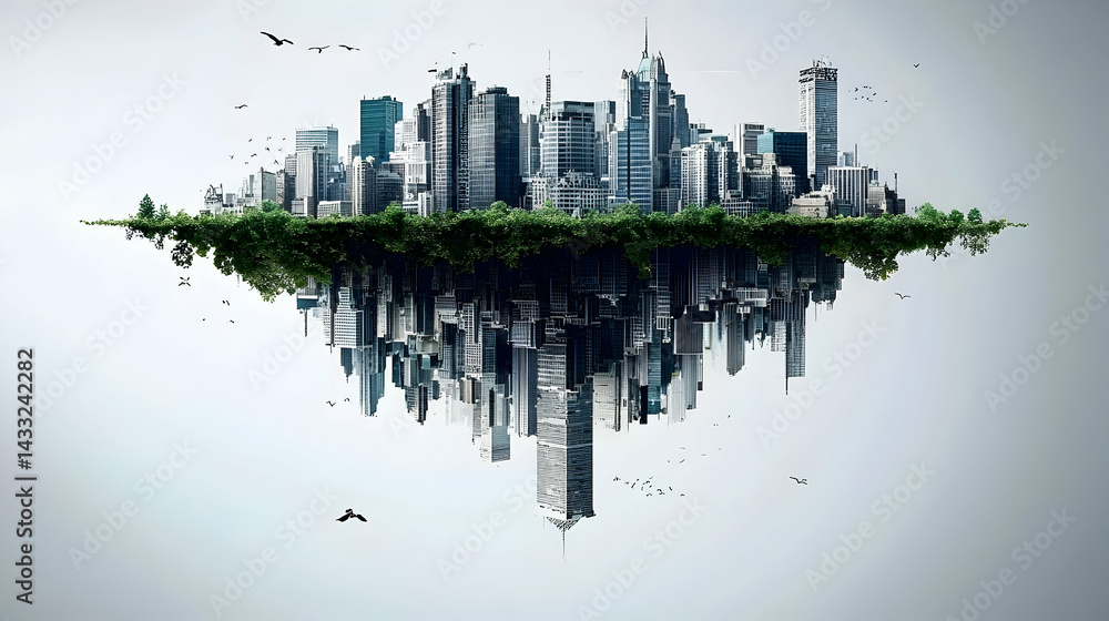 Obraz premium Floating city skyline with green base, birds flying, reflection; environmental concept; website banner