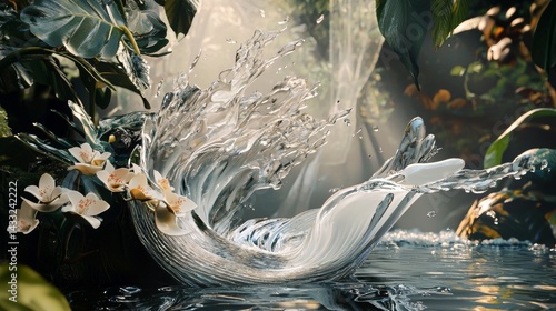 Obraz na płótnie White liquid splash forming flower shape on reflective surface in dynamic abstract photo w salonie