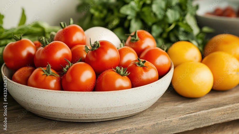 Fresh and Vibrant Ingredients for Healthy Meals Featuring Juicy Tomatoes, Lemons, and Fresh Greens on Rustic Wooden Table Fresh and Vibrant Ingredients for Healthy Meals Featuring Juicy Tomatoes, Lemons, and Fresh Greens on Rustic Wooden Table