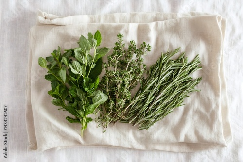 Freshly picked herbs of mint, oregano, thyme, and rosemary lying on beige linen cloth
