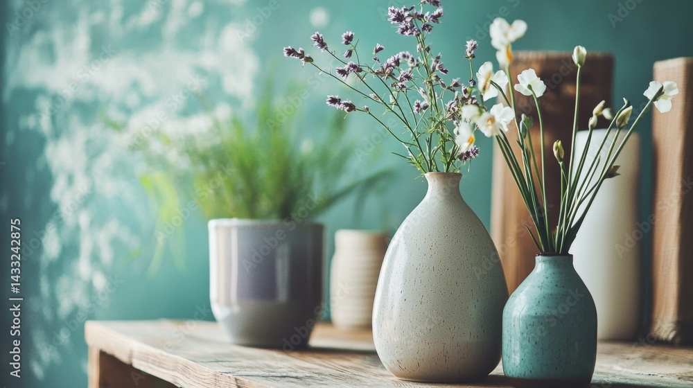 Obraz premium Modern pastel vases with flowers against teal background