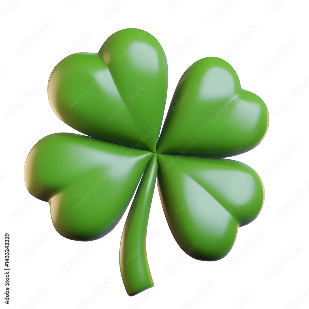 Fototapeta premium Cartoon four-leaf clover 3d icon for mobile apps, nature design packs, and positive motivational visuals