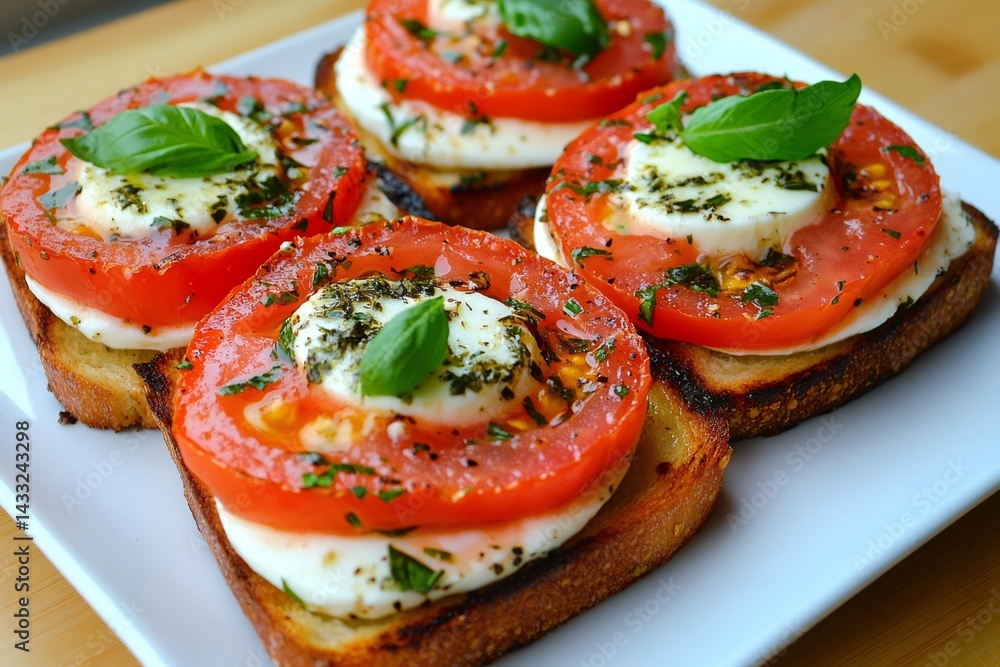 Delicious bruschetta with tomatoes, mozzarella and basil drizzled with olive oil